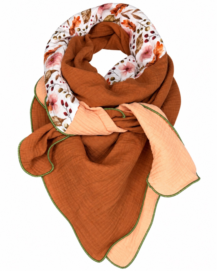 Preview: Musselin-Schal Damen Apricot, Braun & Weiß 140 × 140 cm von OBERMUTTI